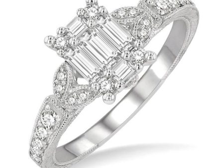 1 2 ctw Carved Shank Fusion Baguette and Round Cut Diamond Engagement Ring in 14K White Gold Cheap