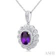 1 20 ctw Oval Cut 8X6 MM Amethyst and Round Cut Diamond Semi Precious Pendant With Chain in Sterling Silver For Sale