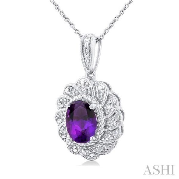 1 20 ctw Oval Cut 8X6 MM Amethyst and Round Cut Diamond Semi Precious Pendant With Chain in Sterling Silver For Sale