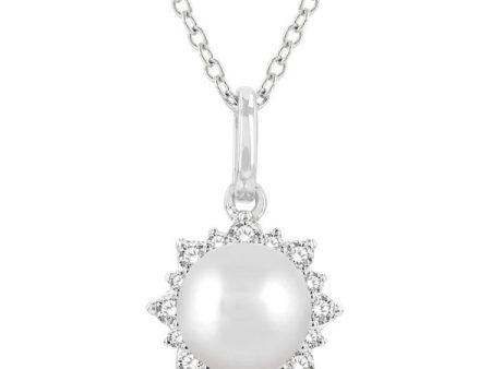 1 10 ctw Petite Sun 6X6 MM Cultured Pearl and Round Cut Diamond Fashion Pendant With Chain in 10K White Gold For Discount