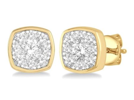 1 2 ctw Cushion Shape Round Cut Diamond Lovebright Bezel Stud Earring in 14K Yellow and White Gold Discount