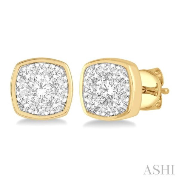 1 2 ctw Cushion Shape Round Cut Diamond Lovebright Bezel Stud Earring in 14K Yellow and White Gold Discount