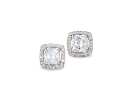 Platinum Finish Sterling Silver Micropave Cushion Cut Earrings with 50 Simulated Diamonds For Cheap