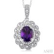 1 20 ctw Oval Cut 8X6 MM Amethyst and Round Cut Diamond Semi Precious Pendant With Chain in Sterling Silver For Sale