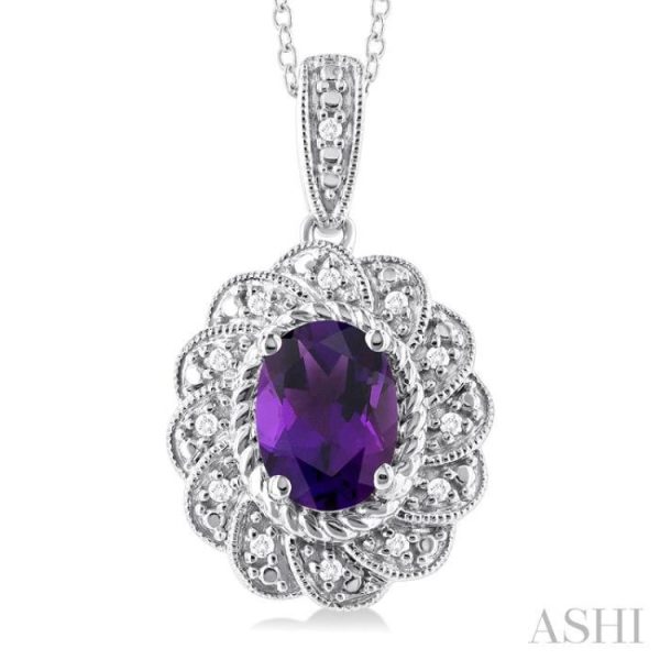 1 20 ctw Oval Cut 8X6 MM Amethyst and Round Cut Diamond Semi Precious Pendant With Chain in Sterling Silver For Sale