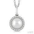 1 20 ctw Petite Round Cut Diamond Halo and 6X6 MM Cultured Pearl Fashion Pendant With Chain in 10K White Gold on Sale