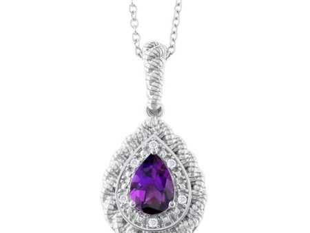 1 20 ctw Pear Cut 7X5 MM Amethyst and Round Cut Diamond Semi Precious Pendant With Chain in Sterling Silver on Sale