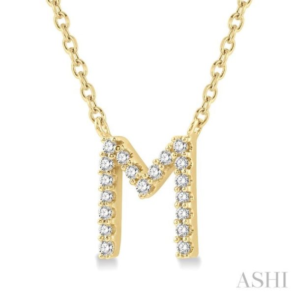 1 20 Ctw Initial  M  Round Cut Diamond Pendant With Chain in 14K Yellow Gold on Sale