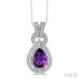 1 20 ctw Pear Cut 10X7 MM Amethyst and Round Cut Diamond Semi Precious Pendant With Chain in Sterling Silver For Discount