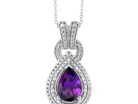 1 20 ctw Pear Cut 10X7 MM Amethyst and Round Cut Diamond Semi Precious Pendant With Chain in Sterling Silver For Discount