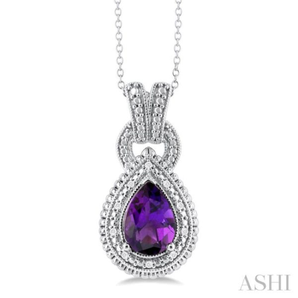 1 20 ctw Pear Cut 10X7 MM Amethyst and Round Cut Diamond Semi Precious Pendant With Chain in Sterling Silver For Discount