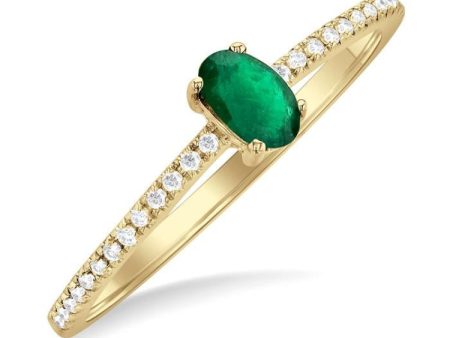 1 10 ctw Petite 5x3 MM Oval Cut Emerald and Round Cut Diamond Precious Fashion Ring in 10K Yellow Gold For Sale