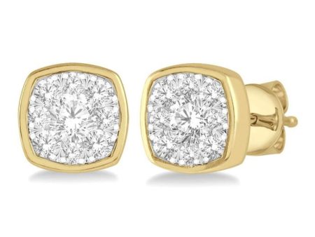 1 3 ctw Cushion Shape Round Cut Diamond Lovebright  Bezel Stud Earring in 14K Yellow and White Gold For Sale