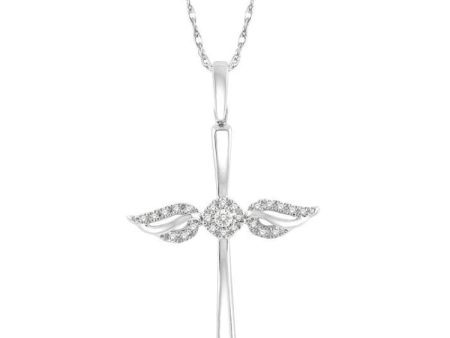 1 10 Ctw Angel Wing Round Cut Diamond Cross Pendant With Chain in 10K White Gold Online