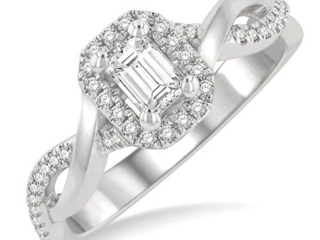 1 2 ctw Twisted Shank Round & Emerald Cut Diamond Engagement Ring With 1 3 ctw Emerald Cut Center Stone in 14K White Gold For Sale