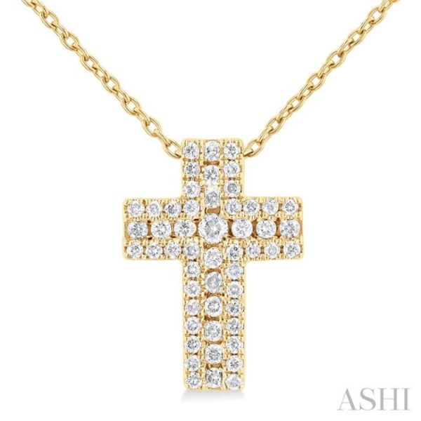 1 4 ctw Cross Round Cut Diamond Fashion Pendant With Chain in 14K Yellow Gold For Cheap