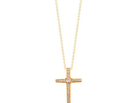 Gold Finish Sterling Silver Micropave Thin Cross Pendant with 65 Simulated Diamonds on 18  Cable Chain Sale