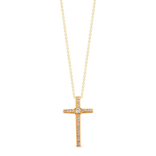 Gold Finish Sterling Silver Micropave Thin Cross Pendant with 65 Simulated Diamonds on 18  Cable Chain Sale