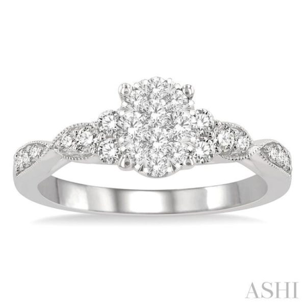 1 2 ctw Oval Shape Center Crisscross Carved Shank Lovebright Round Cut Diamond Engagement Ring in 14K White Gold on Sale