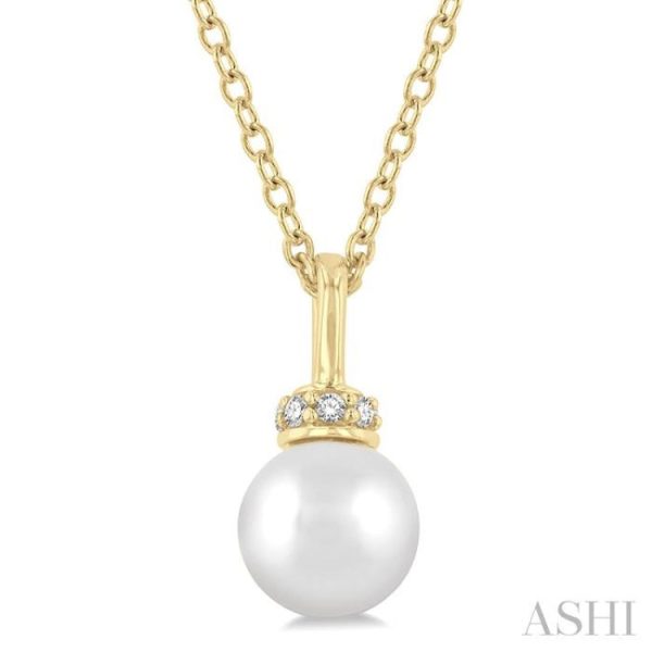 1 20 ctw Petite 6X6 MM Cultured Pearl and Round Cut Diamond Crown Fashion Pendant With Chain in 10K Yellow Gold For Sale