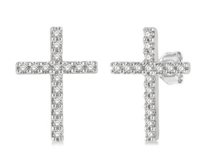 1 10 Ctw Cross Round Cut Diamond Petite Fashion Earring in 14K White Gold For Cheap