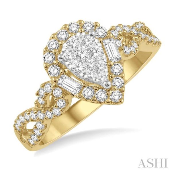 1 2 Ctw Pear Shape Bow Shank Lovebright Round and Baguette Diamond Ring in 14K Yellow and White gold Online now