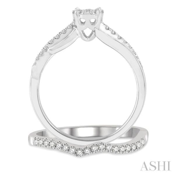 1 2 ctw Lovebright Diamond Wedding Set With 1 3 ctw Circular Mount Bypass Engagement Ring and 1 6 ctw Chevron Wedding Band in 14K White Gold Fashion