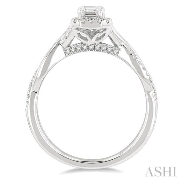 1 2 ctw Twisted Shank Round & Emerald Cut Diamond Engagement Ring With 1 3 ctw Emerald Cut Center Stone in 14K White Gold For Sale