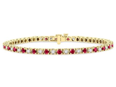 1 1 2 ctw Square Box Link 2.5MM Ruby and Round Cut Diamond Precious Tennis Bracelet in 14K Yellow Gold Fashion