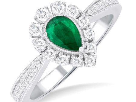 1 3 ctw Pear Cut 6X4 MM Emerald and Round Cut Diamond Precious Ring in 14K White Gold Discount