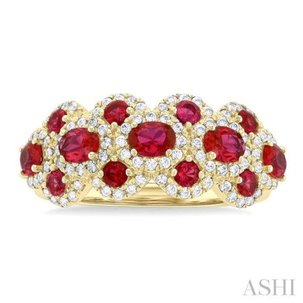 1 2 ctw Scalloped Edge 4X3 MM Oval & 2.2 MM Round Cut Ruby and Round Cut Diamond Precious Ring in 14K Yellow Gold Hot on Sale