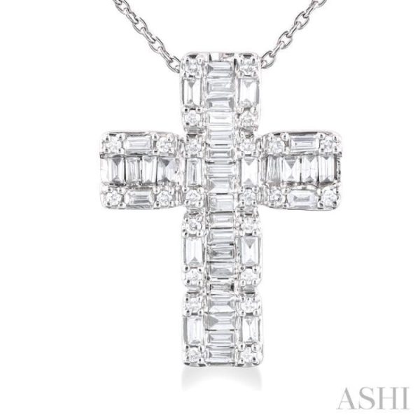 1 2 ctw Fusion Baguette and Round Cut Diamond Cross Fashion Pendant With Chain in 14K White Gold Online now