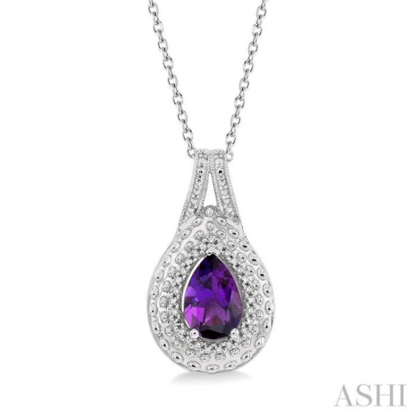 1 20 Ctw Round Cut Diamond & 9x6 MM Pear Cut Amethyst Semi Precious Pendant With Chain in Sterling Silver Supply