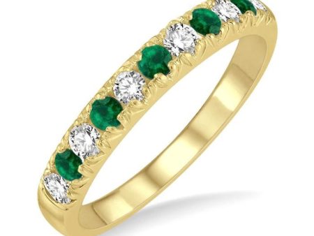 1 4 ctw Round Cut Diamond and 2.3MM Emerald Precious Wedding Band in 14K Yellow Gold Sale