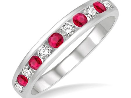 1 4 ctw Round Cut Diamond and 2.3MM Ruby Precious Wedding Band in 14K White Gold Online Sale