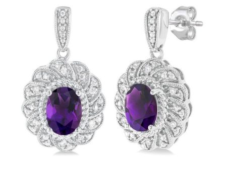 1 20 ctw Oval Cut 7X5 MM Amethyst and Round Cut Diamond Semi Precious Earring in Sterling Silver Online Hot Sale