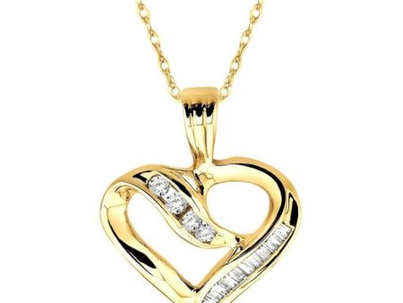 1 4 Ctw Baguettes and Round Diamond Heart Pendant in 10K Yellow Gold with Chain Cheap