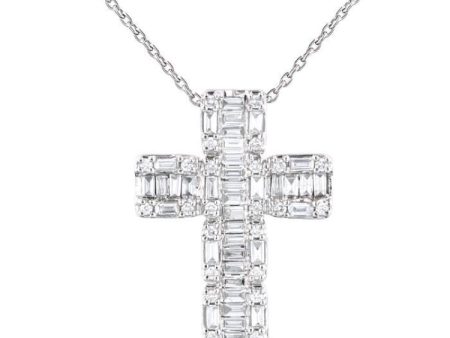 1 2 ctw Fusion Baguette and Round Cut Diamond Cross Fashion Pendant With Chain in 14K White Gold Online now