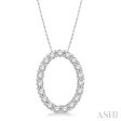 1 2 Ctw Oval Shape Window Round Cut Diamond Pendant With Chain in 14K White Gold Fashion