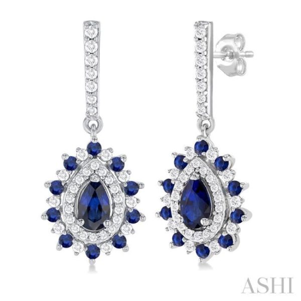 1 3 ctw 5x3 MM & 1.45 MM Sapphire and Round Cut Diamond Precious Earring in 14K White Gold For Cheap