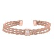 Rose Gold Finish Sterling Silver Tightly Twisted Three Cable Cuff Bracelet with Central Bar with Simulated Diamonds Hot on Sale