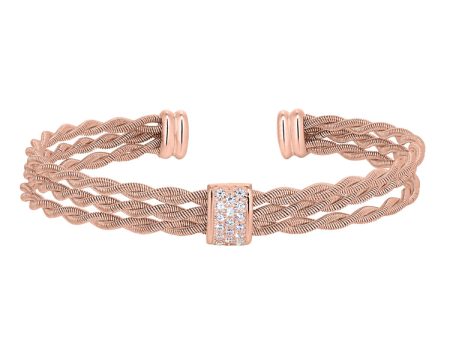 Rose Gold Finish Sterling Silver Tightly Twisted Three Cable Cuff Bracelet with Central Bar with Simulated Diamonds Hot on Sale