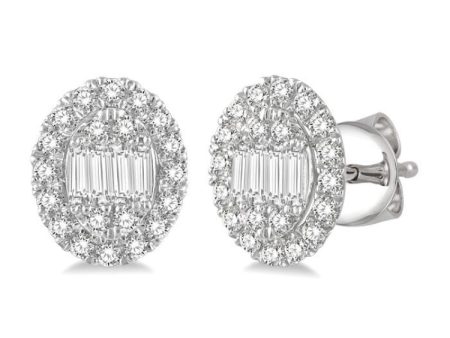 1 2 Ctw Oval Mount Baguette and Round Cut Diamond Earrings in 14K White Gold Sale