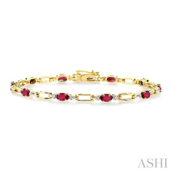 1 10 Ctw Round Cut Diamond & 5x3MM Oval Cut Ruby Precious  Bracelet in 10K Yellow Gold Cheap