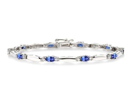 1 10 Ctw Bar and Oval Mount Round Cut Diamond & 5x3MM Oval Cut Tanzanite Precious Bracelet in 10K White Gold Fashion