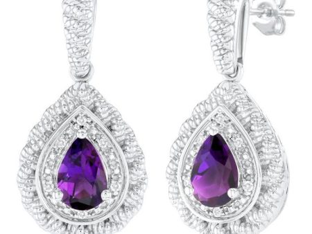 1 20 ctw Pear Cut 6X4MM Amethyst and Round Cut Diamond Semi Precious Earring in Sterling Silver on Sale