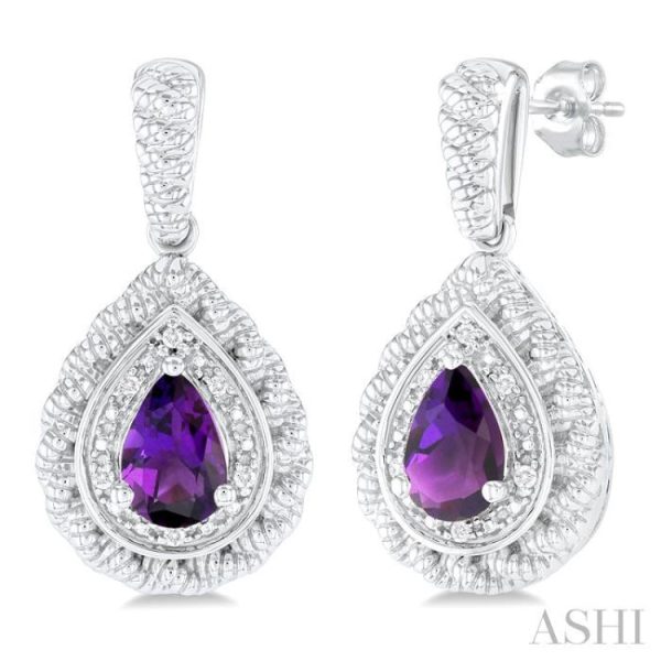 1 20 ctw Pear Cut 6X4MM Amethyst and Round Cut Diamond Semi Precious Earring in Sterling Silver on Sale