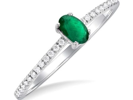 1 10 ctw Petite 5x3 MM Oval Cut Emerald and Round Cut Diamond Precious Fashion Ring in 10K White Gold For Discount