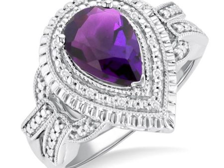 1 20 ctw Pear Cut 10X7 MM Amethyst and Round Cut Diamond Semi Precious Ring in Sterling Silver For Discount