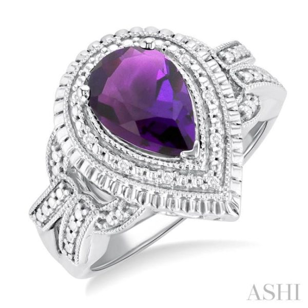 1 20 ctw Pear Cut 10X7 MM Amethyst and Round Cut Diamond Semi Precious Ring in Sterling Silver For Discount